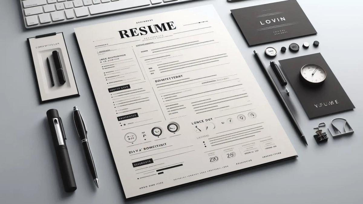 A clean and modern resume layout displayed on a desk with a professional background. The resume features a mix of serif and sans-serif fonts, with clear, readable text.
